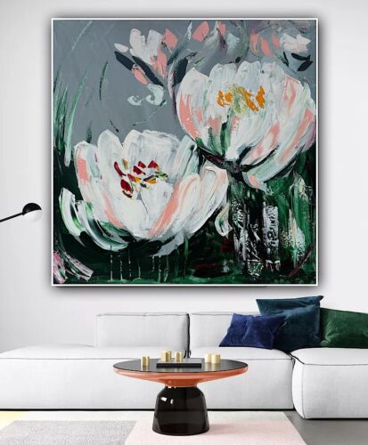 Framed Contemporary Abstract Original Oil Painting On 80x80cm Canvas White Tulips