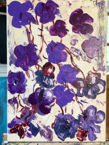 Warhol Style Original Abstract Oil Painting On Canvas 66x44cm Purple Flowers Oka