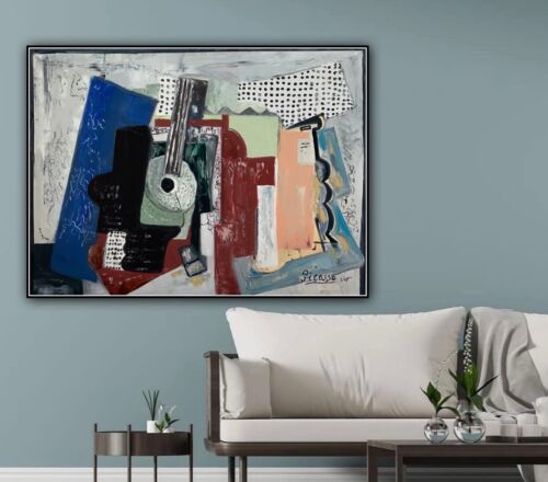 Abstract Oil Painting On 2cm Canvas 80x60cm Door, Guitar & Bottles study