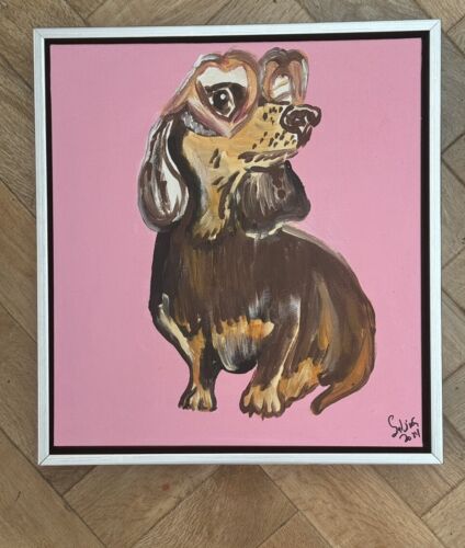 Framed Original Abstract Contemporary Oil Painting On Canvas 38x35xm Sausage Dog