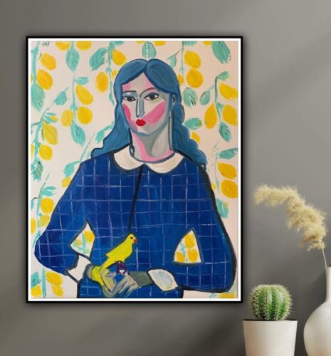 Abstract Original Oil Painting On Canvas 50x60cm Lady With Canary portrait