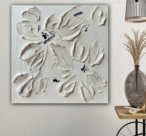 Textured Lily Black &White Modern Abstract oil Painting On Canvas 30x30cm In Oka