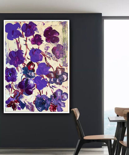 Warhol Style Original Abstract Oil Painting On Canvas 66x44cm Purple Flowers Oka