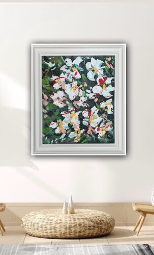 Framed Oka Original Abstract Oil Painting Canvas 70x60cm White Roses Spread II