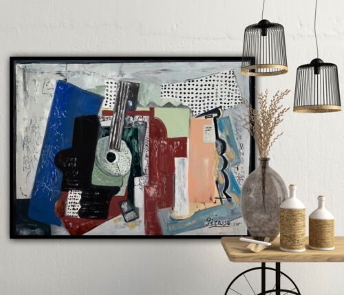 Abstract Oil Painting On 2cm Canvas 80x60cm Door, Guitar & Bottles study