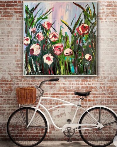 Framed Original Abstract Oil Painting On Canvas 80x80cm Summer Roses Textured