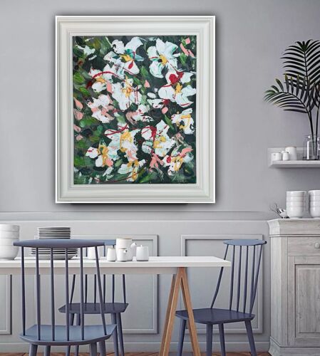 Framed Oka Original Abstract Oil Painting Canvas 70x60cm White Roses Spread II