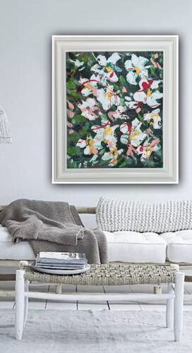 Framed Oka Original Abstract Oil Painting Canvas 70x60cm White Roses Spread II