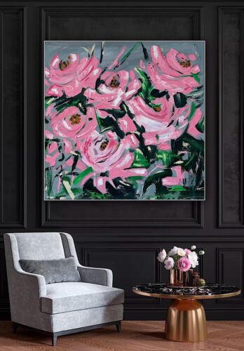 Framed Contemporary Abstract Original Oil Painting On 80x80cm Canvas Pink Roses