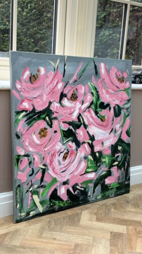 Framed Contemporary Abstract Original Oil Painting On 80x80cm Canvas Pink Roses