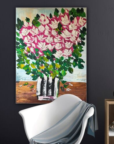 Large Abstract Original Oil Painting On 100x80cm canvas Flowers White Roses II