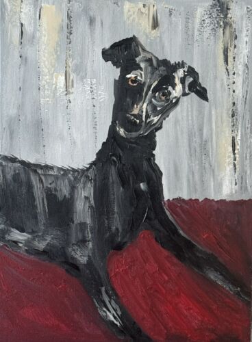 Original Abstract Oil Painting On 30x40cm Canvas Toupe Background Whippet dog