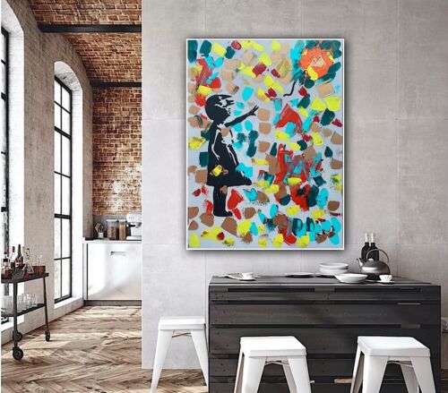 Girl With Balloon Like Banksy Oil Painting On Canvas 60 X 45cm Fun Day Ahead