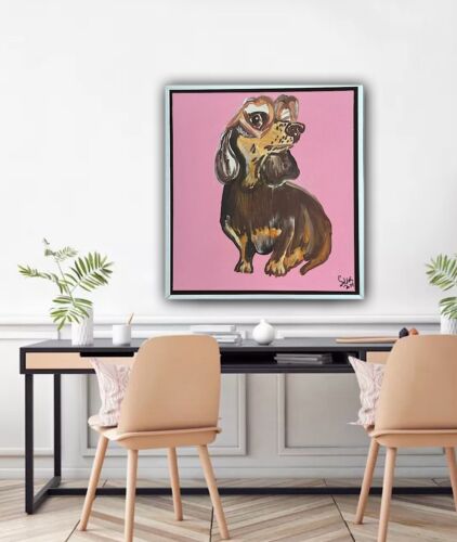 Framed Original Abstract Contemporary Oil Painting On Canvas 38x35xm Sausage Dog
