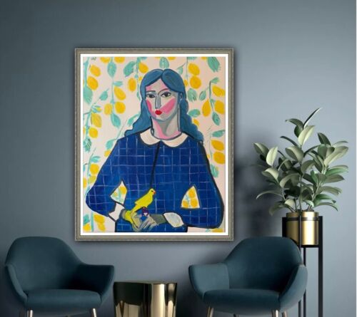 Abstract Original Oil Painting On Canvas 50x60cm Lady With Canary portrait