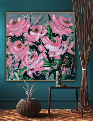 Framed Contemporary Abstract Original Oil Painting On 80x80cm Canvas Pink Roses