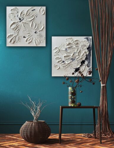 Textured Lily Black &White Modern Abstract oil Painting On Canvas 30x30cm In Oka