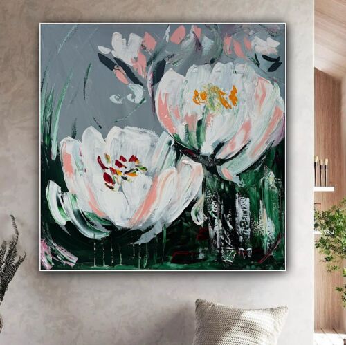 Framed Contemporary Abstract Original Oil Painting On 80x80cm Canvas White Tulips