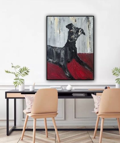 Original Abstract Oil Painting On 30x40cm Canvas Toupe Background Whippet dog
