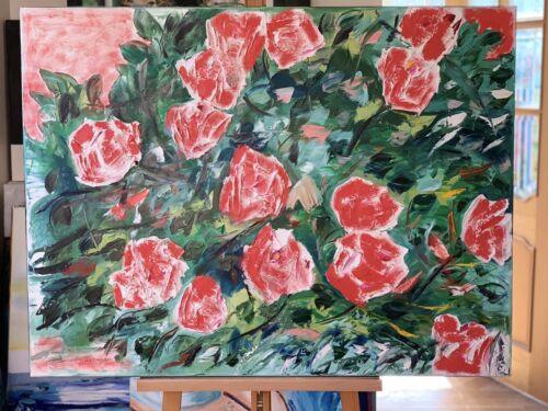 Richter Abstract Impressionist Style Original Oil Painting 100x76cm Red bush roses