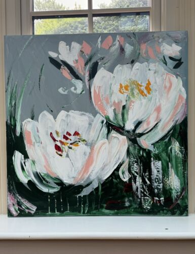 Framed Contemporary Abstract Original Oil Painting On 80x80cm Canvas White Tulips