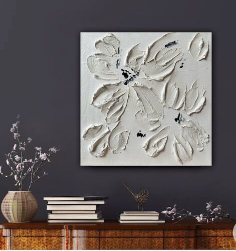 Textured Lily Black &White Modern Abstract oil Painting On Canvas 30x30cm In Oka