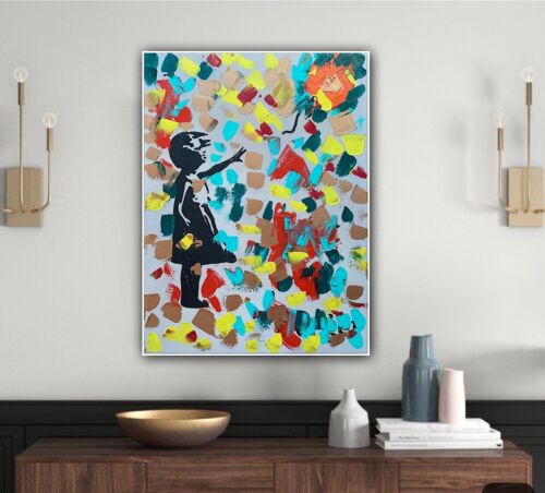 Girl With Balloon Like Banksy Oil Painting On Canvas 60 X 45cm Fun Day Ahead