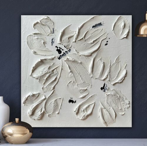 Textured Lily Black &White Modern Abstract oil Painting On Canvas 30x30cm In Oka