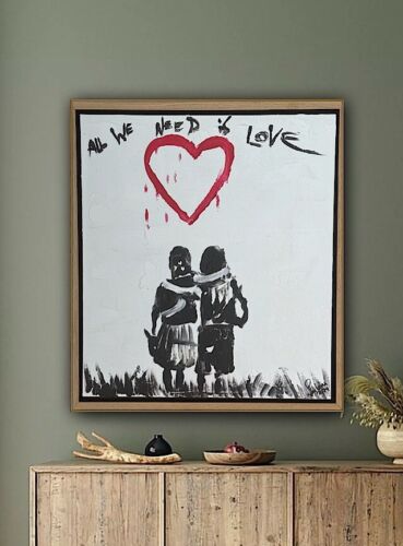 Framed Abstract Original Oil Painting 39x35cm ‘All You Need Love’ Graffiti Art