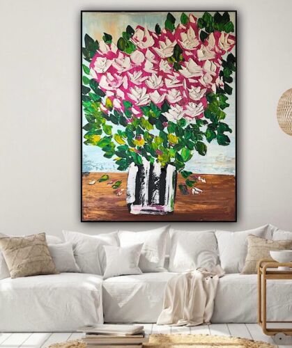 Large Abstract Original Oil Painting On 100x80cm canvas Flowers White Roses II