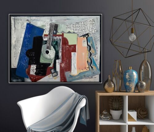 Abstract Oil Painting On 2cm Canvas 80x60cm Door, Guitar & Bottles study