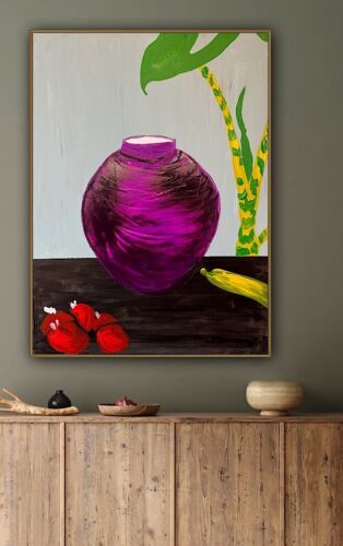 Large Abstract Original Oil Painting On 60 X 46cm canvas Exotic Vase Still life