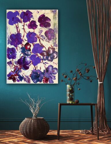Warhol Style Original Abstract Oil Painting On Canvas 66x44cm Purple Flowers Oka