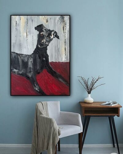 Original Abstract Oil Painting On 30x40cm Canvas Toupe Background Whippet dog