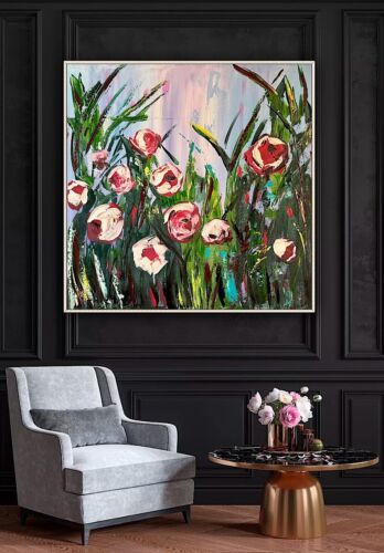 Framed Original Abstract Oil Painting On Canvas 80x80cm Summer Roses Textured