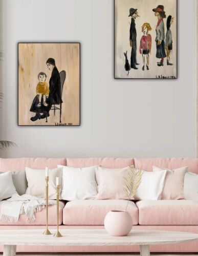 L.S. Lowry Abstract Oil Painting On Canvas 30X40cm Mother & Child Ready To Hang