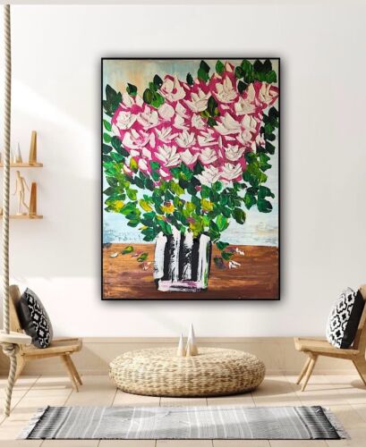 Large Abstract Original Oil Painting On 100x80cm canvas Flowers White Roses II