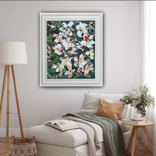Framed Oka Original Abstract Oil Painting Canvas 70x60cm White Roses Spread II