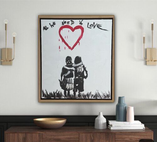 Framed Abstract Original Oil Painting 39x35cm ‘All You Need Love’ Graffiti Art