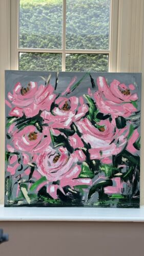 Framed Contemporary Abstract Original Oil Painting On 80x80cm Canvas Pink Roses