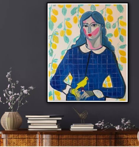 Abstract Original Oil Painting On Canvas 50x60cm Lady With Canary portrait