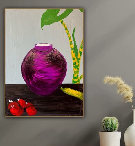 Large Abstract Original Oil Painting On 60 X 46cm canvas Exotic Vase Still life