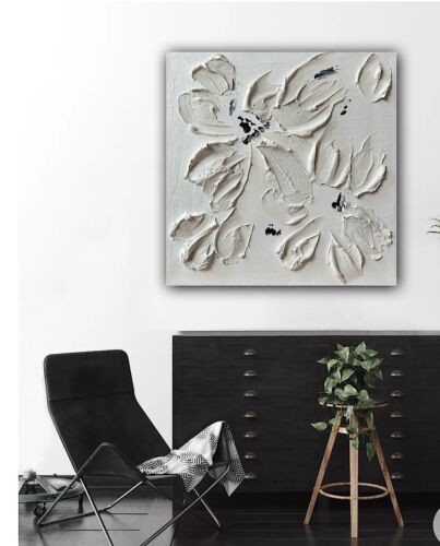 Textured Lily Black &White Modern Abstract oil Painting On Canvas 30x30cm In Oka