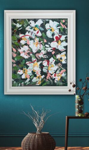Framed Oka Original Abstract Oil Painting Canvas 70x60cm White Roses Spread II