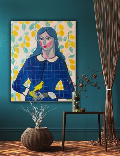 Abstract Original Oil Painting On Canvas 50x60cm Lady With Canary portrait