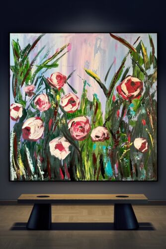 Framed Original Abstract Oil Painting On Canvas 80x80cm Summer Roses Textured