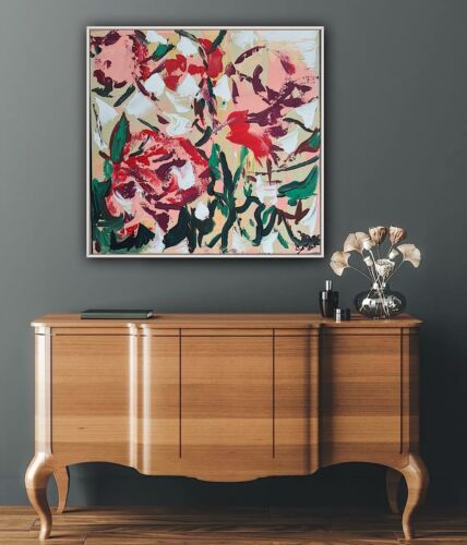 Framed Original Abstract Contemporary Oil Painting On Canvas 45x45cm Roses Oka