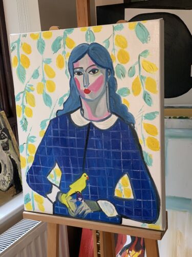 Abstract Original Oil Painting On Canvas 50x60cm Lady With Canary portrait