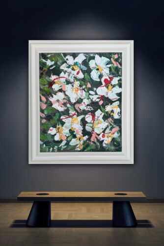 Framed Oka Original Abstract Oil Painting Canvas 70x60cm White Roses Spread II