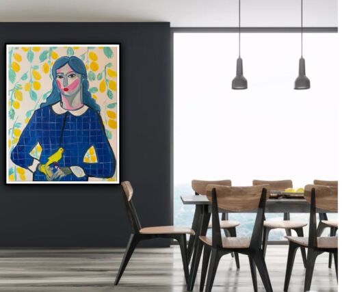 Abstract Original Oil Painting On Canvas 50x60cm Lady With Canary portrait